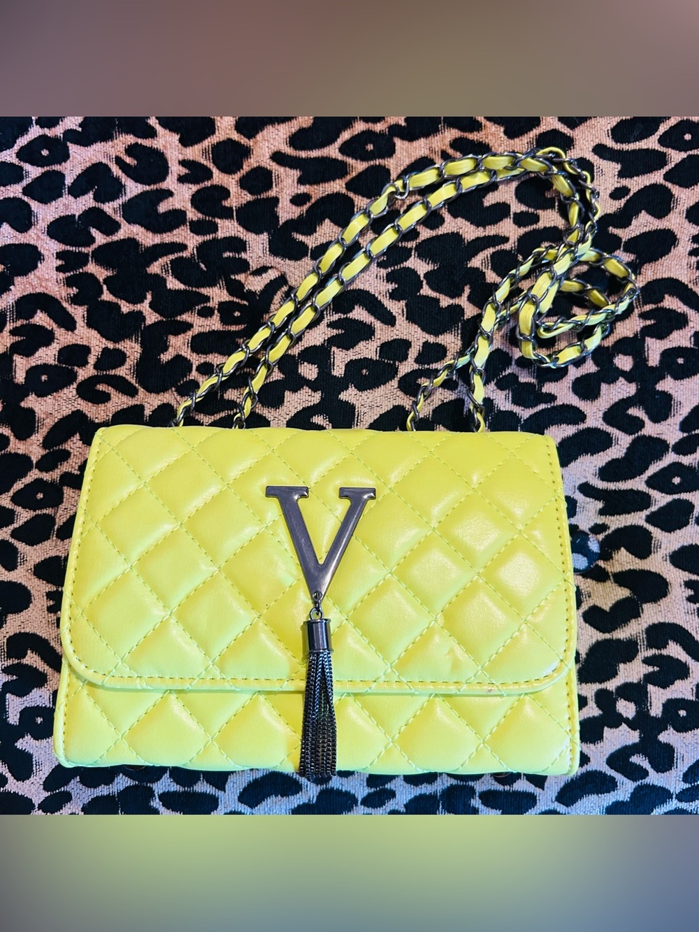 Neon yellow quilted faux leather shoulder bag